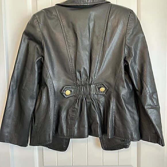 100% LEATHER gorgeous classic vintage 90s gold button blazer stretch women M - Picture 10 of 14